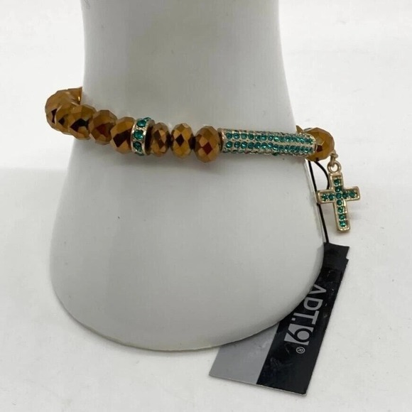 APT. 9 Gold Tone Stretch Bracelet with Faceted Beads & Green Pave Cross Charm - Picture 3 of 13